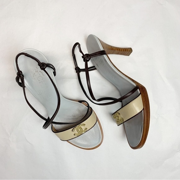 Chanel Blue / Brown Wooden Sole Strappy Heels Pumps 37 1/2 - Picture 2 of 13